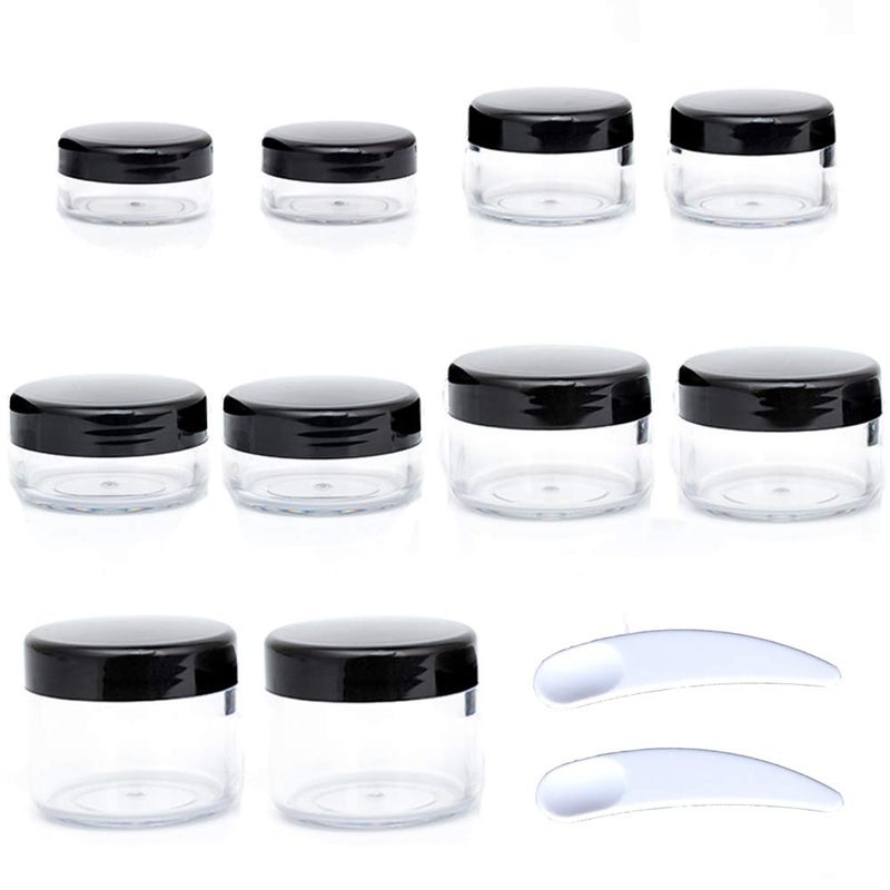 ZEJIA 10pcs Small Travel Containers, Sample Containers with Screw Lids, 5 Size 3/5/10/15/20 Gram Sample Jars with 12pcs Labels and 2pcs Mini Disposable Spatula, Makeup Sample Containers BPA Free - Image 1
